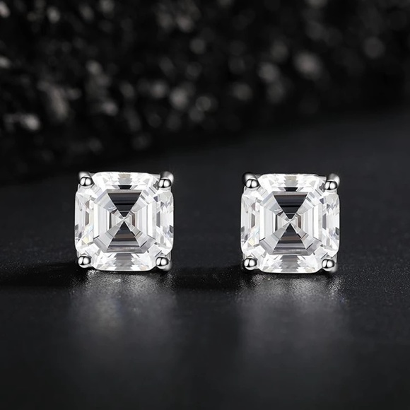 1.25Ct Sterling Silver Asscher Cut 6mm Classic Pin Rectangular Diamond Earrings - Picture 5 of 16